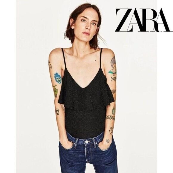 Zara Women's Glitter Black Spaghetti Straps Knit Ruffle Layer Bodysuit - Picture 1 of 7